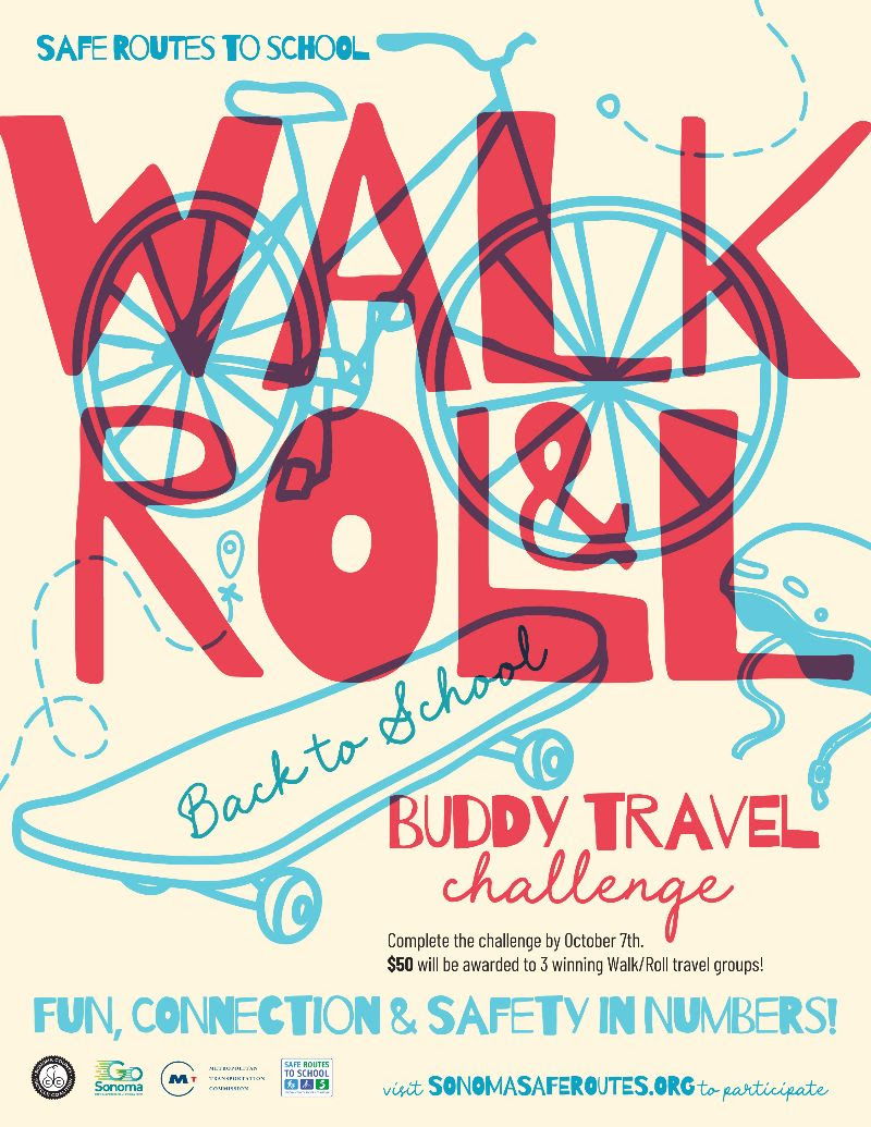 Safe Routes to School “Walk & Roll” challenge flyer featuring illustrations of a bicycle, skateboard, and helmet. Students are encouraged to travel to school with friends by walking or using wheels. Groups can complete the challenge before October 7 for a chance to win $50. The flyer promotes fun, connection, and safety while traveling in a group.