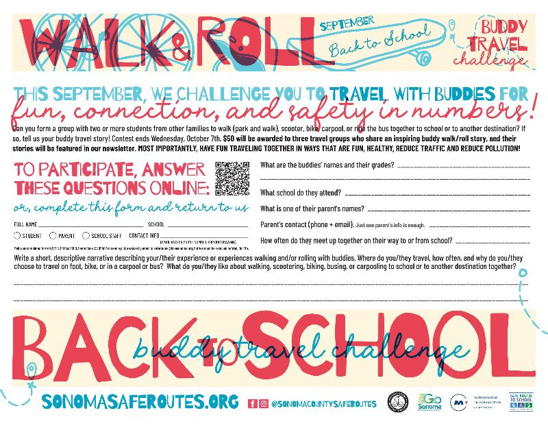 Safe Routes to School “Walk & Roll” Travel With Friends Challenge form. Students are invited to travel with friends during September by walking, biking, scootering, carpooling, or taking the bus. The form asks participants to share information about their group and their experience traveling together. Entries are due October 7, and three winning groups will receive $50.
