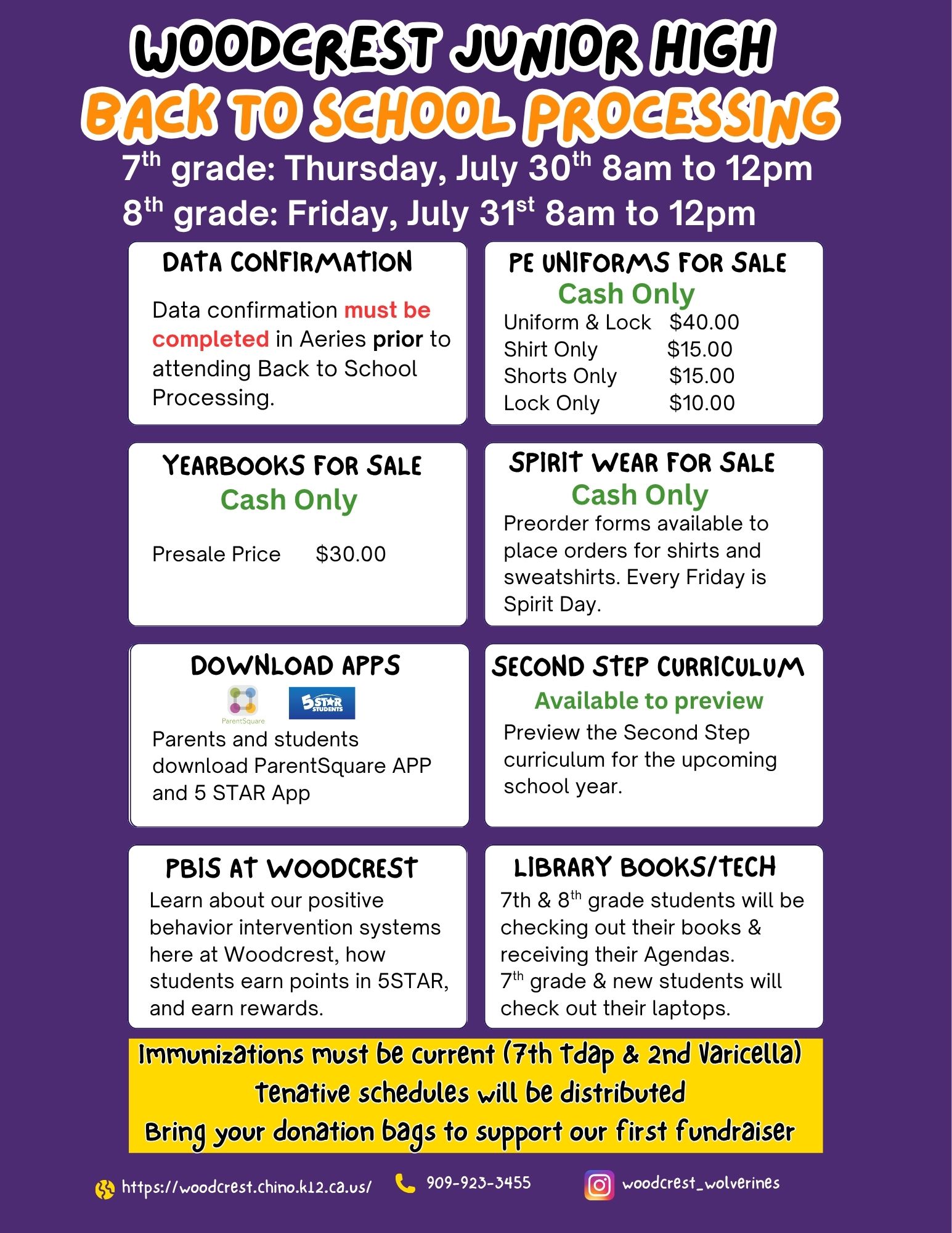 Back to School Processing 7th: July 30th; 8th: July 31st & 1st Fundraiser