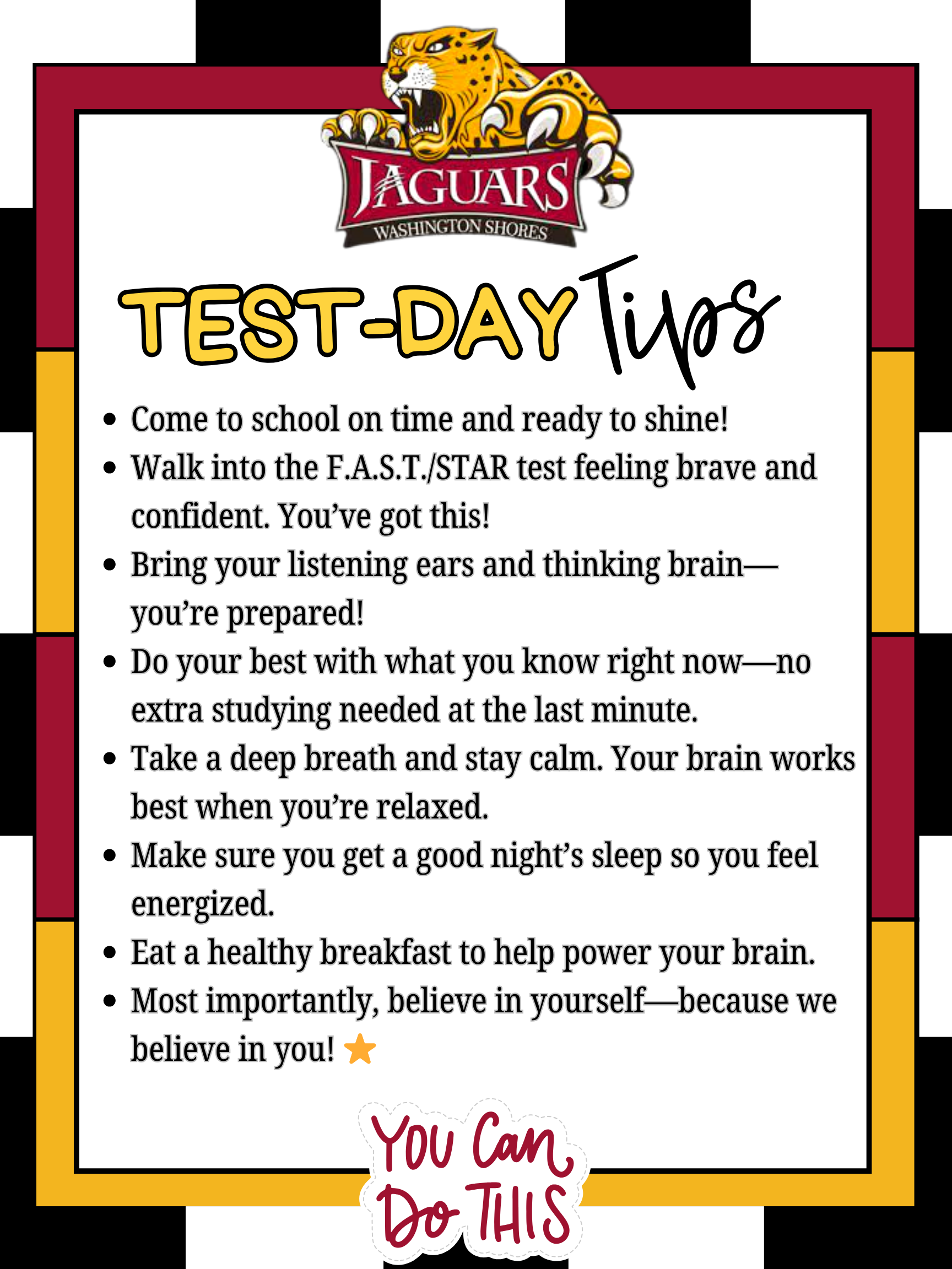 🌟 Test Day Tips for Our Super Students! 🌟