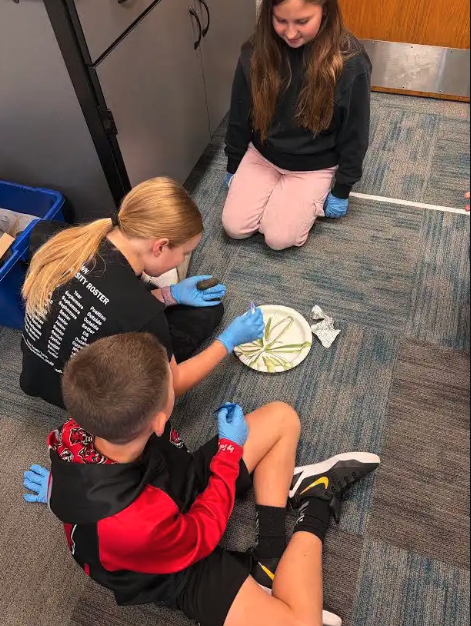 Three students sit on a carpeted floor, wearing blue gloves as they examine objects on a paper plate.
