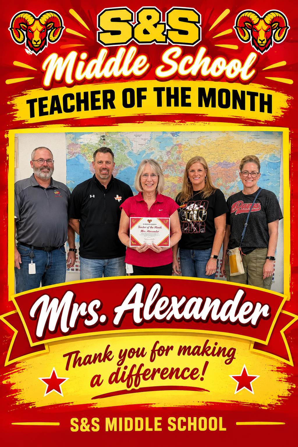 A promotional poster for S&S Middle School featuring Teacher of the Month Mrs. Alexander, who holds a certificate while standing with four colleagues.