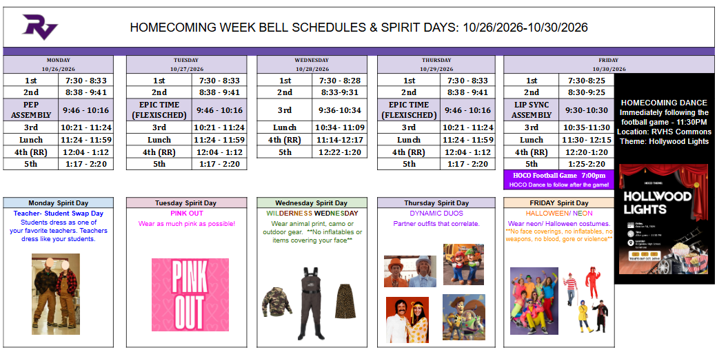 Homecoming Reminders & Bell Schedule — Starting the week of October 26, 2026