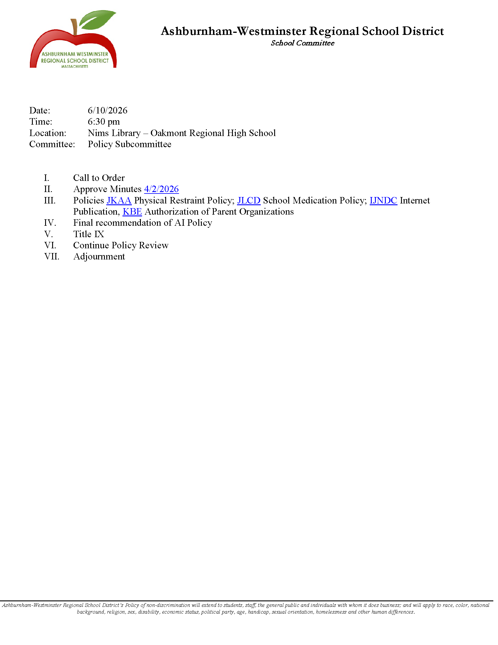 Policy Subcommittee Meeting - 6/10/2026