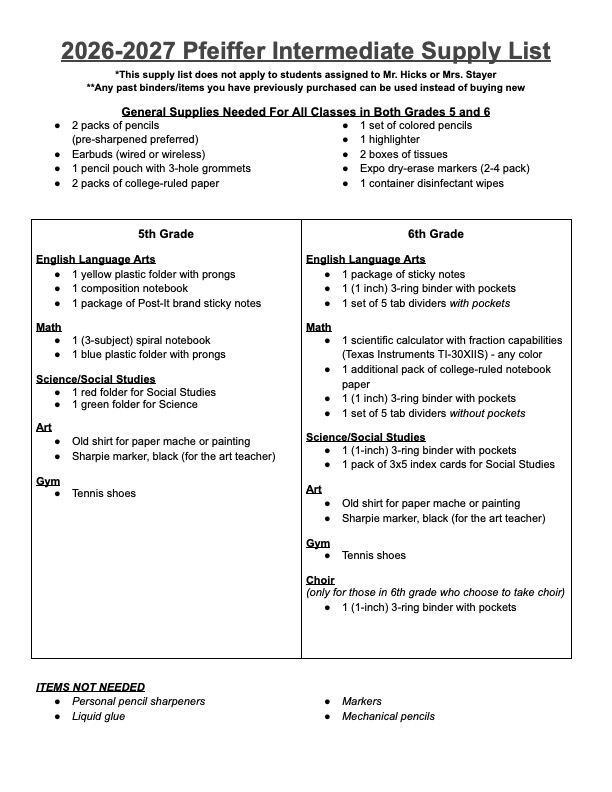 Pfeiffer Intermediate School Supply List for 2026-2027