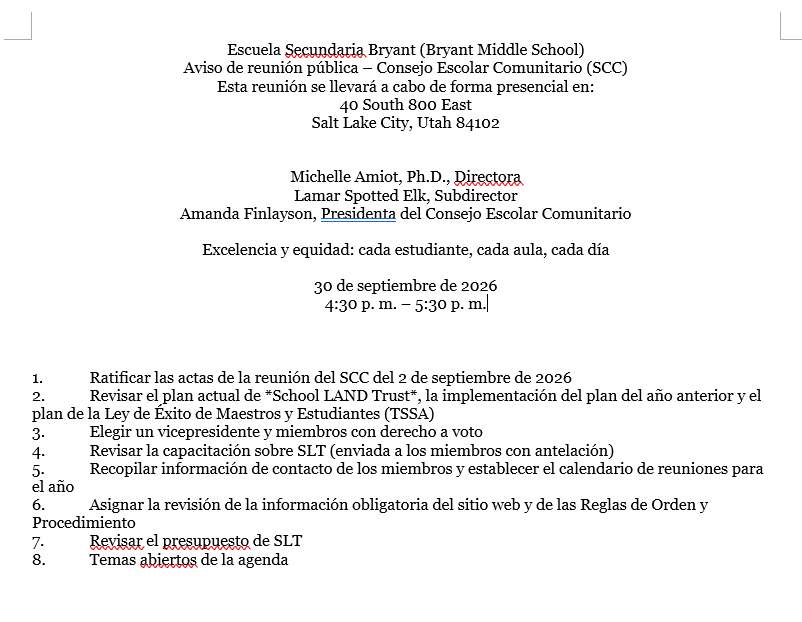 A public meeting notice for Bryant Middle School in Spanish, scheduled for September 30, 2026.