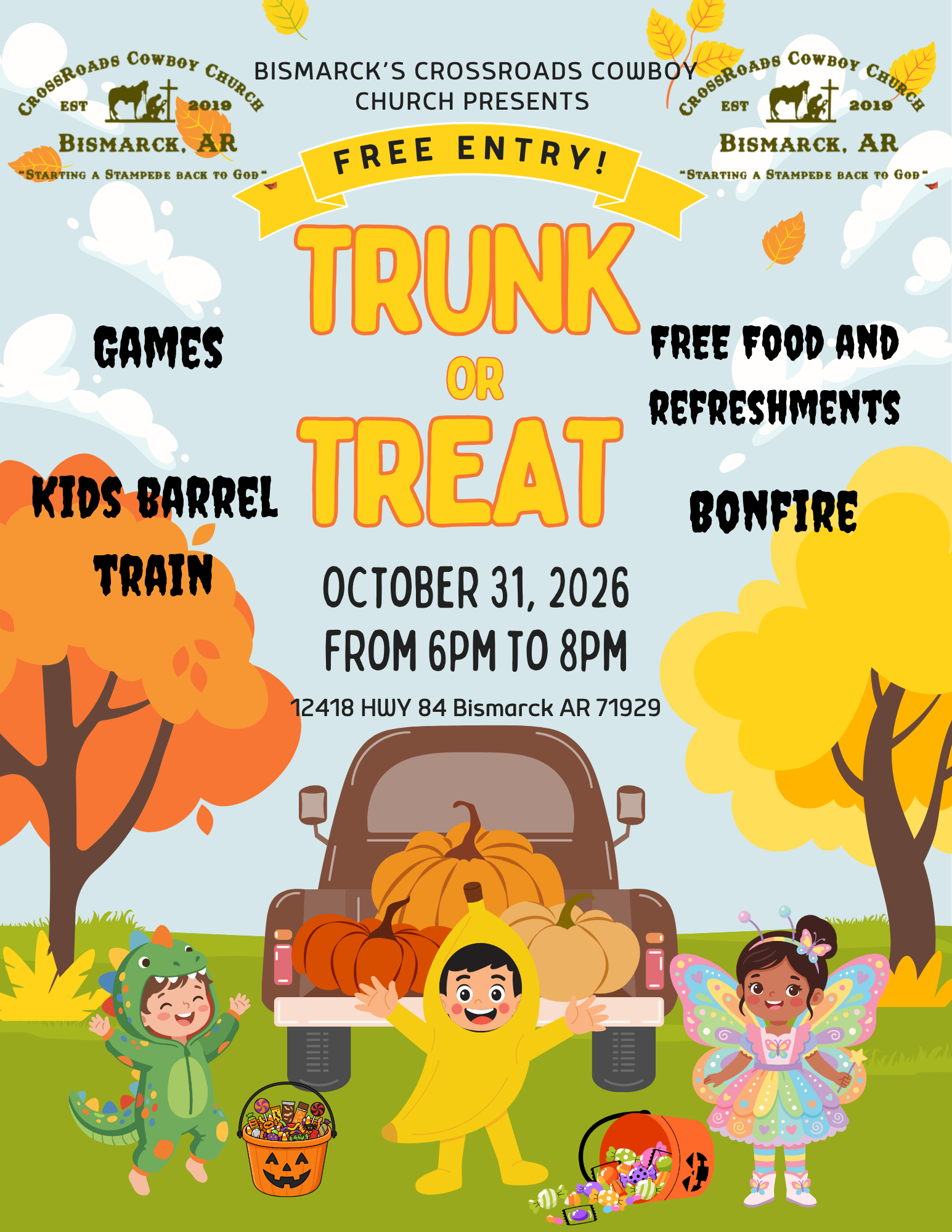 A colorful flyer for a Trunk or Treat event on October 31, 2026, featuring three children in costumes in front of a truck loaded with pumpkins.