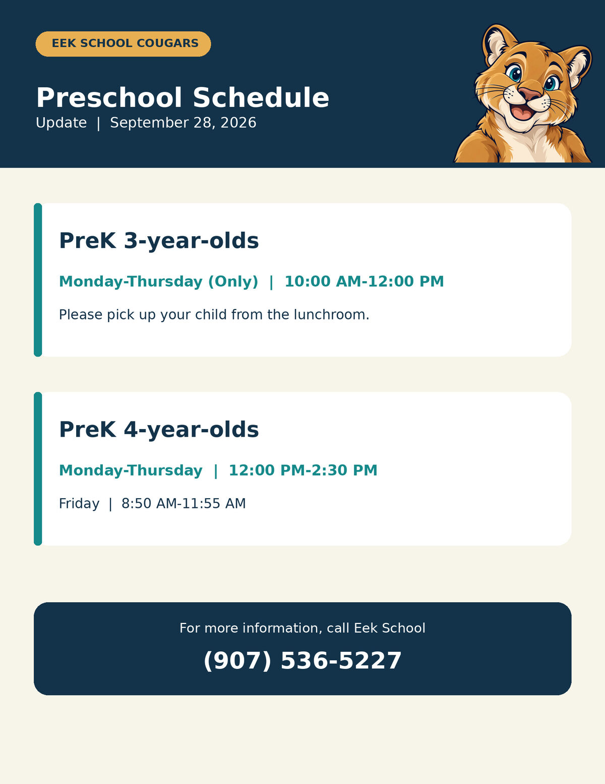 Preschool Schedule Update September 28, 2026 at 4pm
