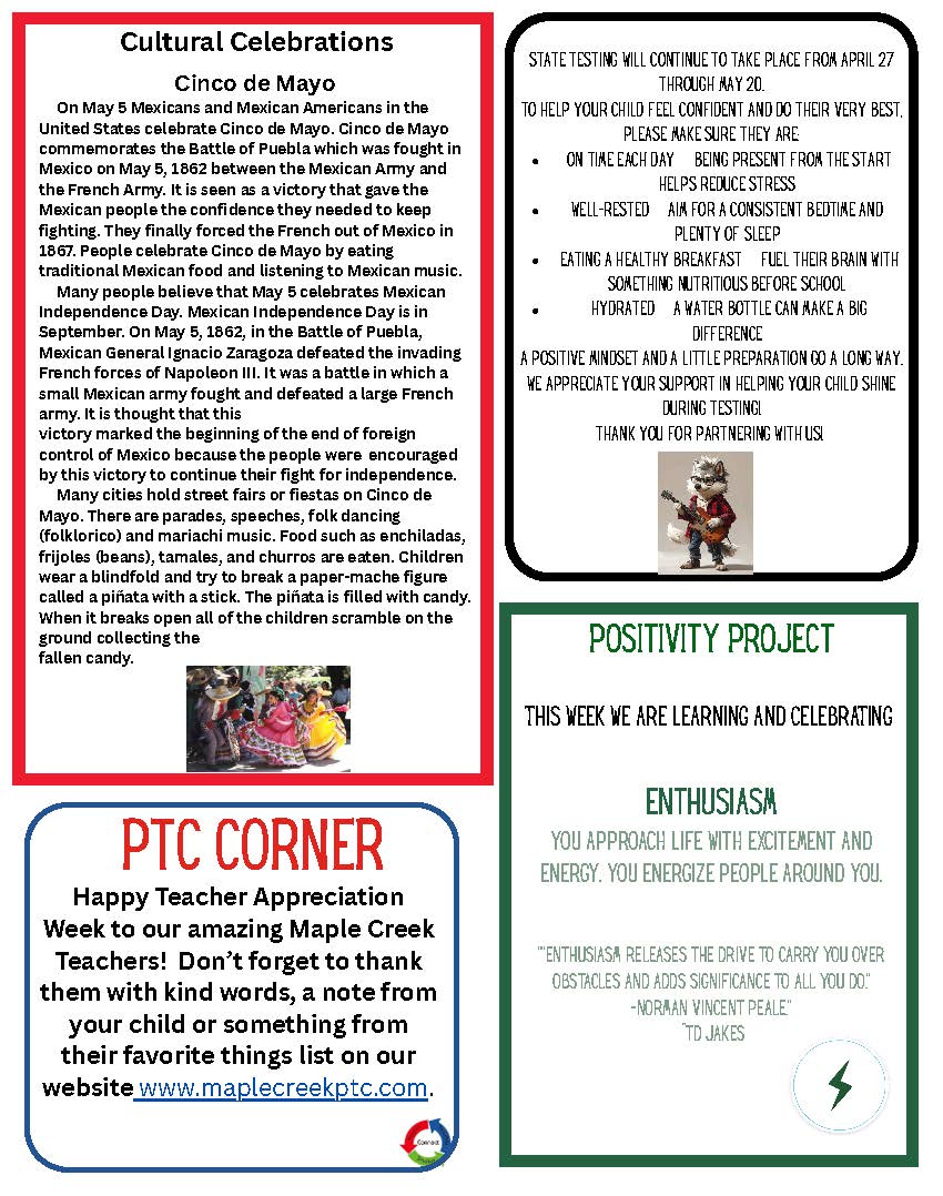 A flyer with sections on Cinco de Mayo, state testing support, Teacher Appreciation Week, and the Positivity Project.