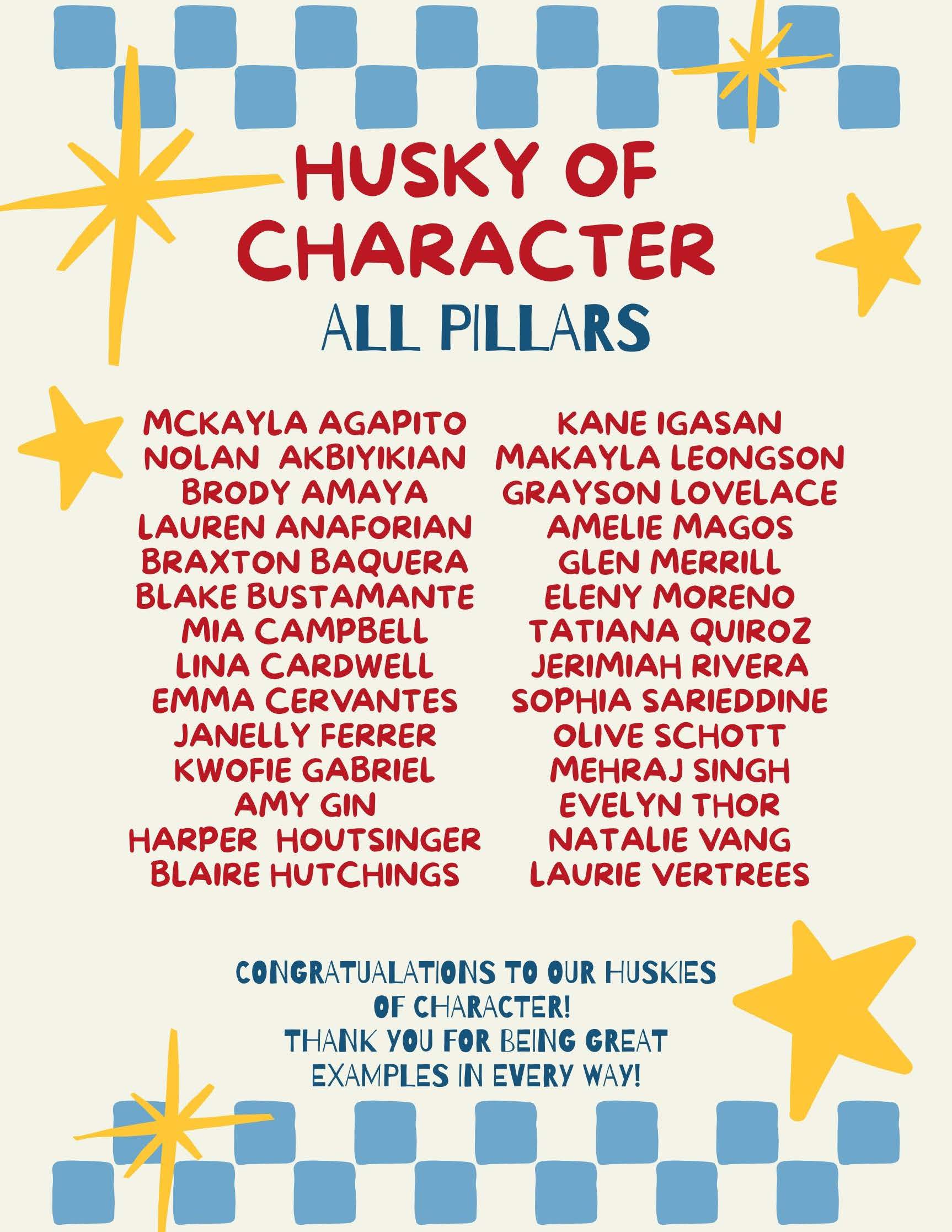 A list of names is displayed under the title 'Husky of Character All Pillars', with decorative stars and a checkered pattern.