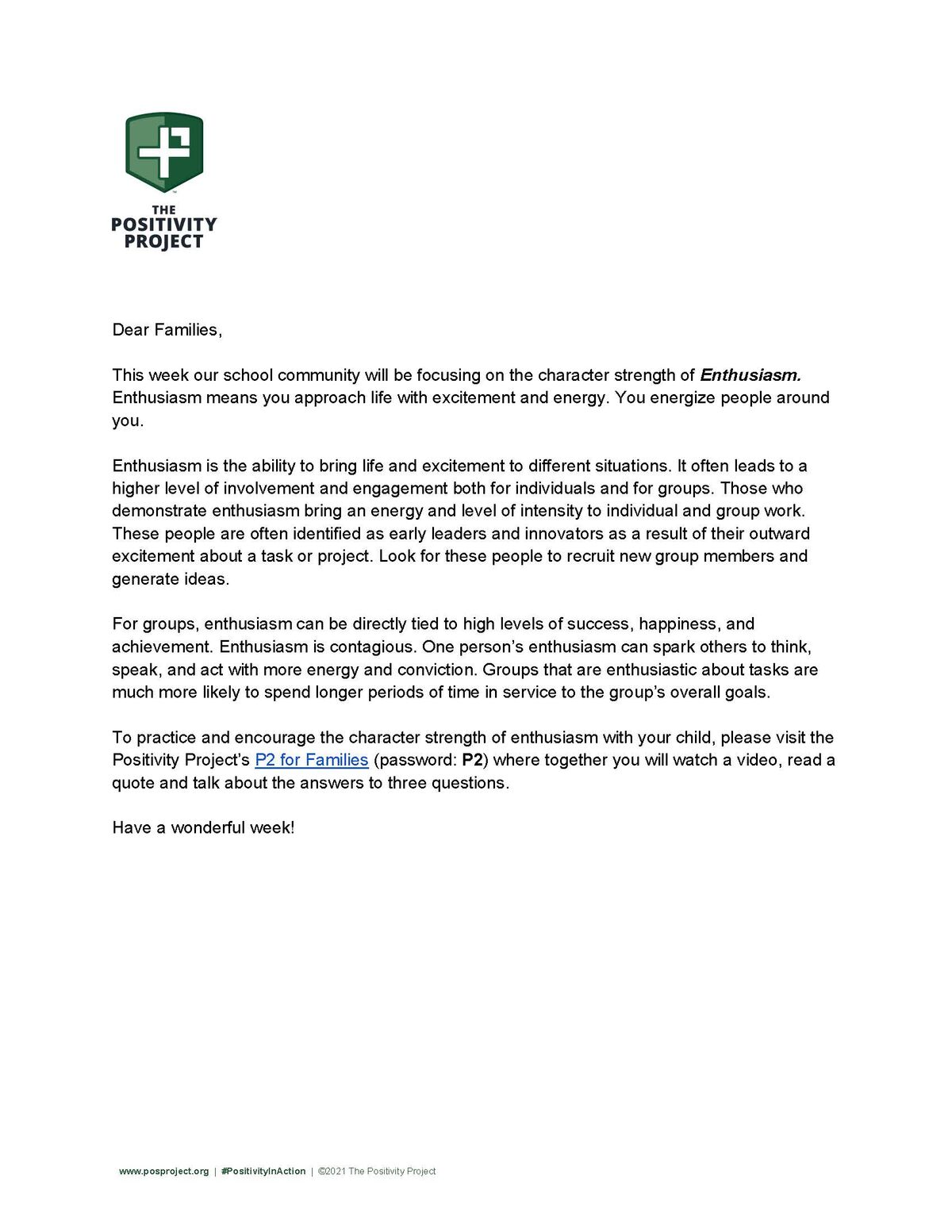 A letter from The Positivity Project to families, introducing the character strength of Enthusiasm.
