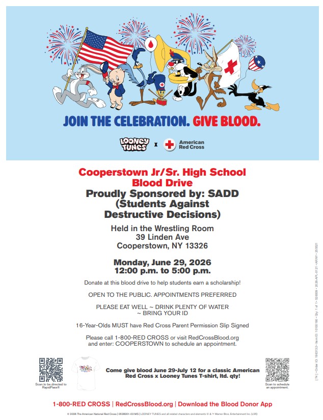 Cooperstown Junior/Senior High School Blood Drive on Monday, June 29