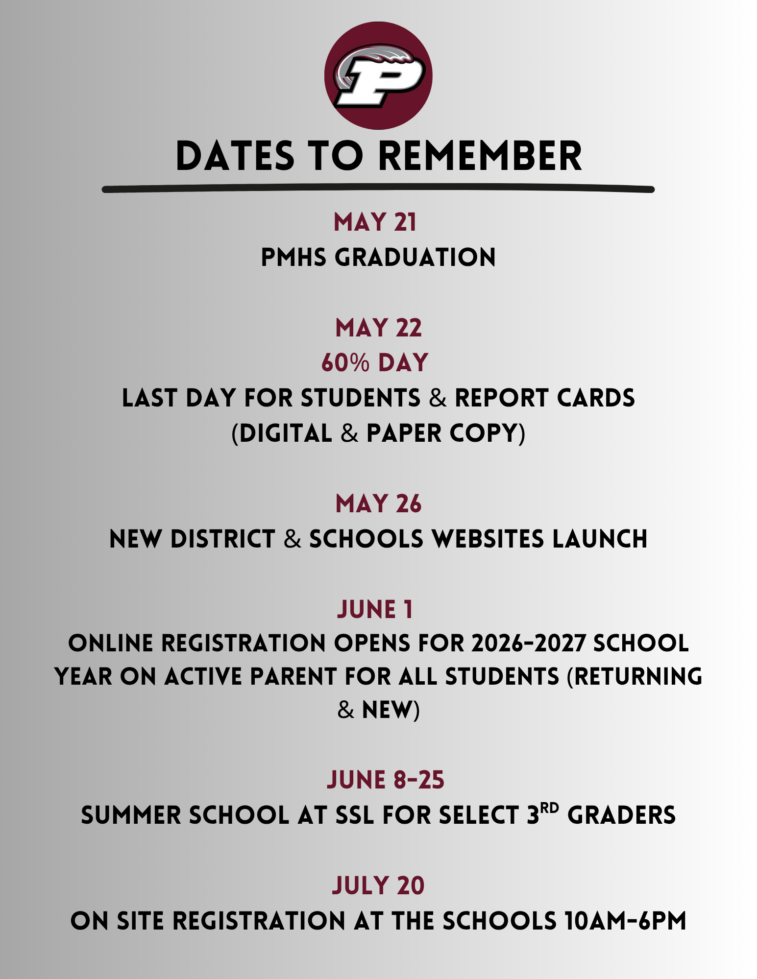 DATES TO REMEMBER (End of Year)