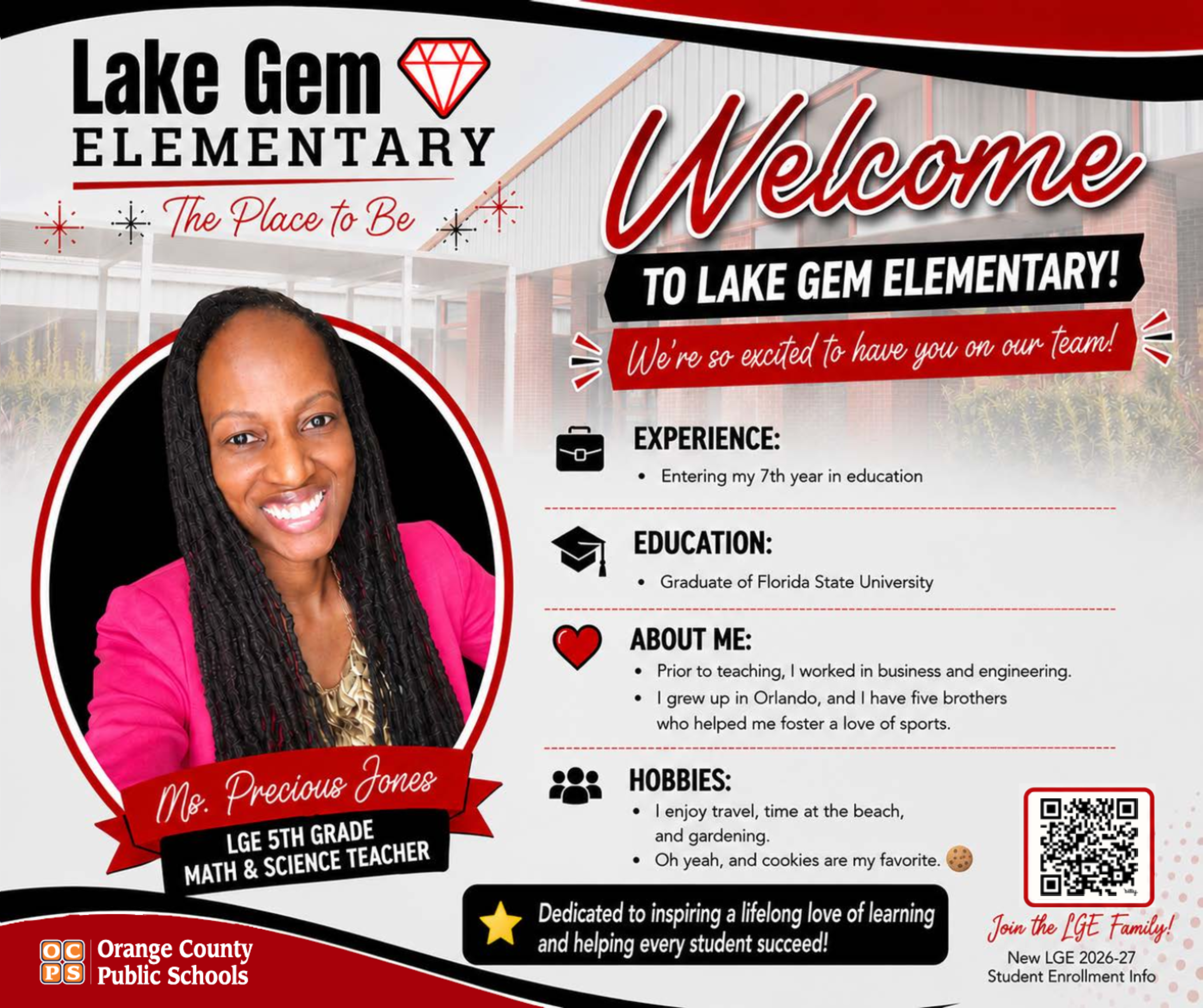 A welcome banner for Lake Gem Elementary featuring Ms. Precious Jones, a 5th-grade Math & Science Teacher.