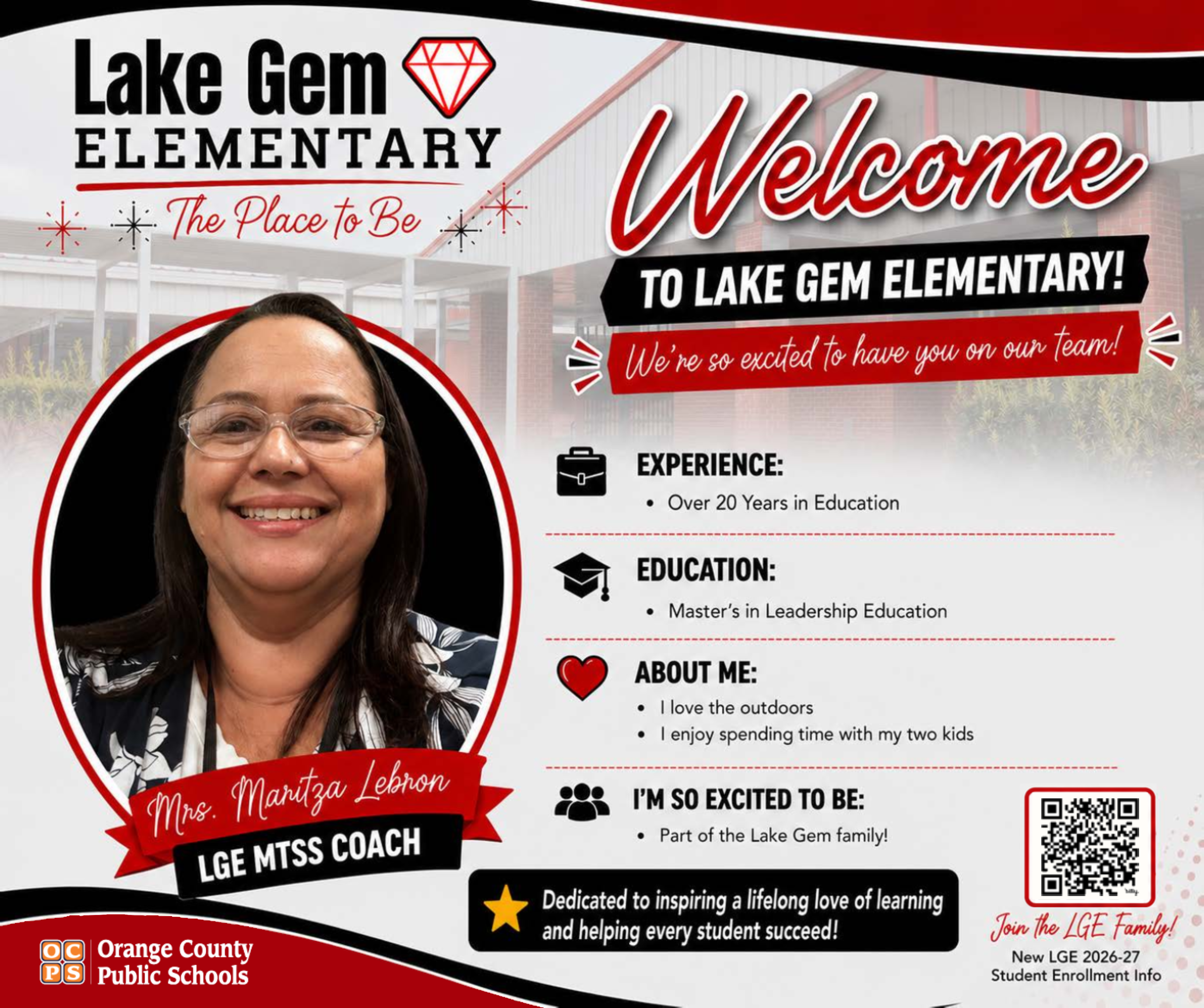 Welcome banner for Lake Gem Elementary featuring a smiling woman, Mrs. Maritza Lebron, LGE MTSS Coach.