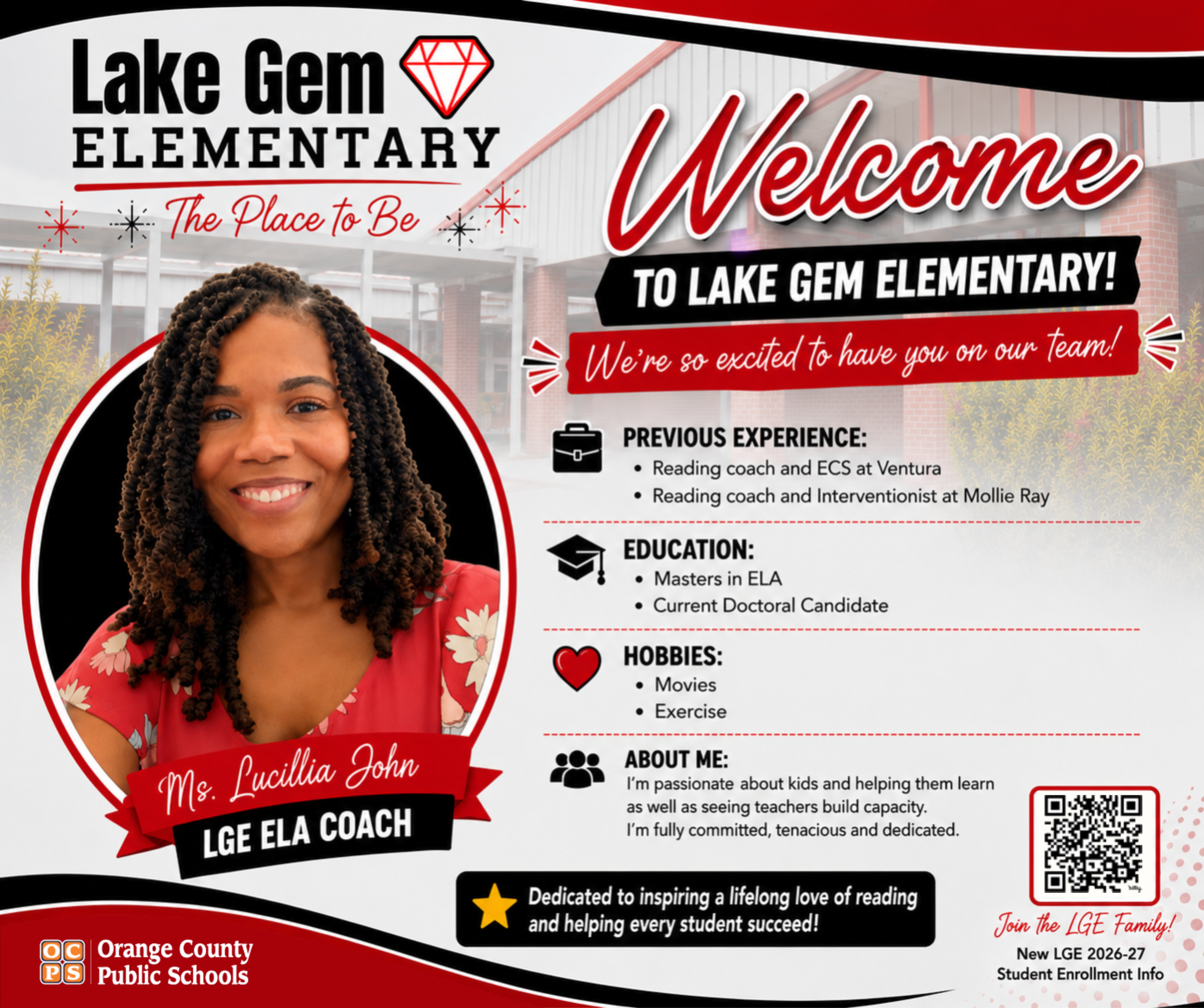 Welcome banner for Lake Gem Elementary featuring Ms. Lucillia John, LGE ELA Coach.