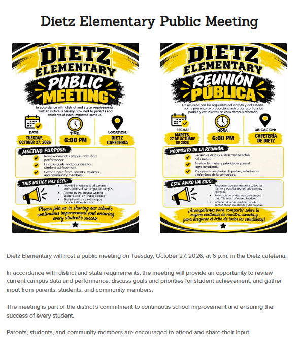 Dietz Elementary to Host Public Meeting on October 27