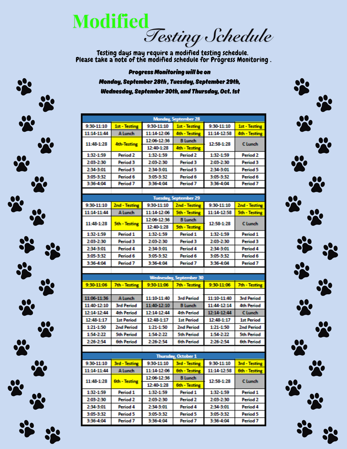 A modified testing schedule for Progress Monitoring spanning Monday, September 28th through Thursday, October 1st, framed by black paw print graphics.
