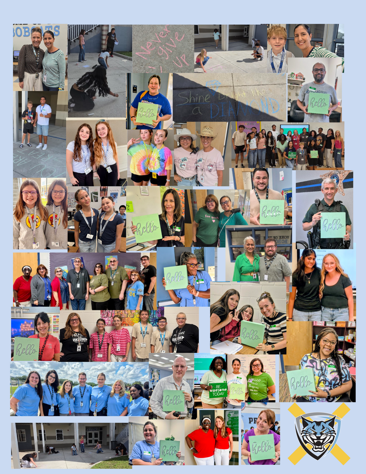 A collage of students and teachers smiling together at school, holding 'hello' signs and chalk art.