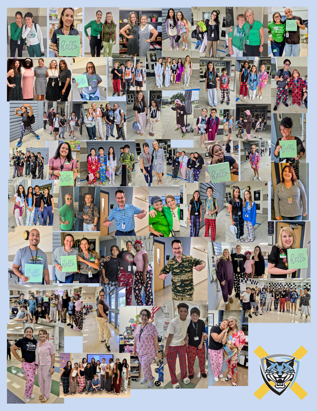 A collage of photos shows students and staff participating in a pajama-themed school day.