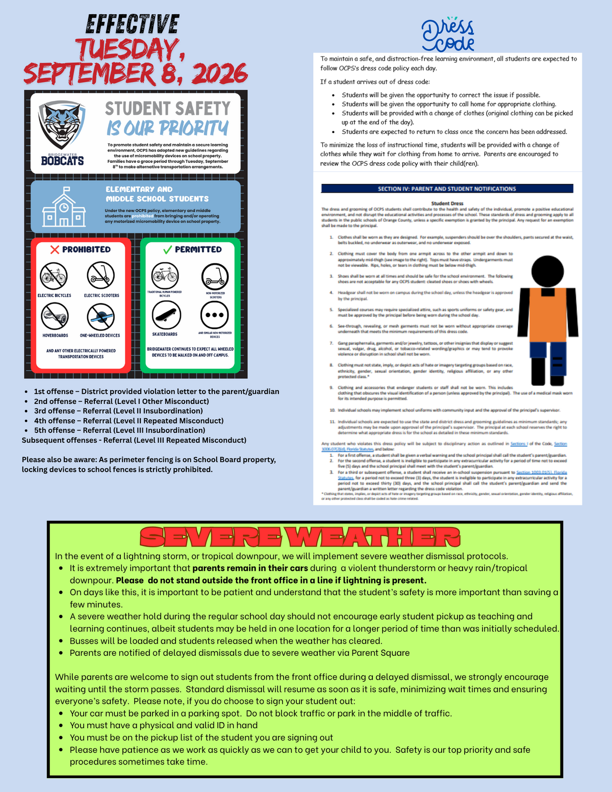An informational flyer outlining school safety, dress code policies, and severe weather dismissal procedures.