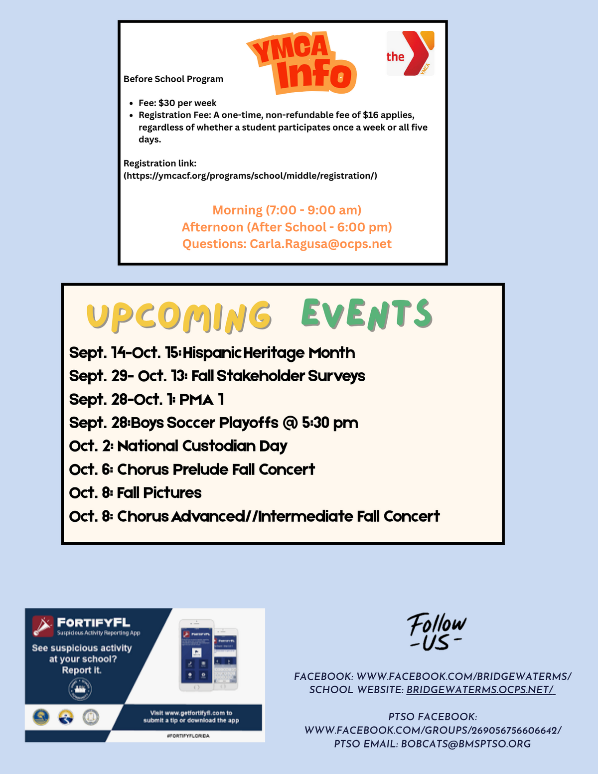 A school newsletter page featuring YMCA Info for a before-school program, a list of upcoming events from Sept. 14 to Oct. 8, and FortifyFL safety information.