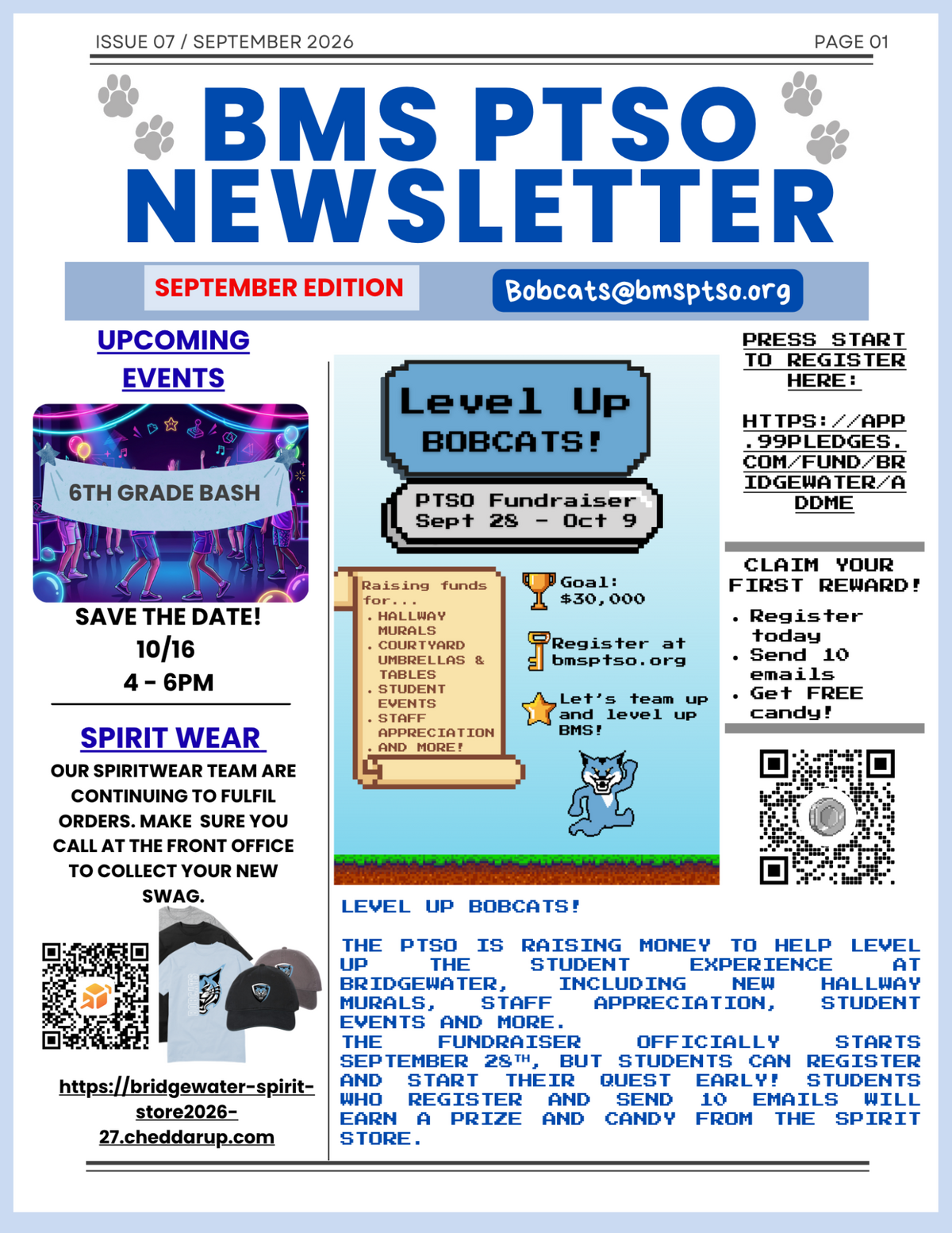 The BMS PTSO Newsletter for September 2026, featuring event announcements, spirit wear updates, and a fundraiser with a video game theme.
