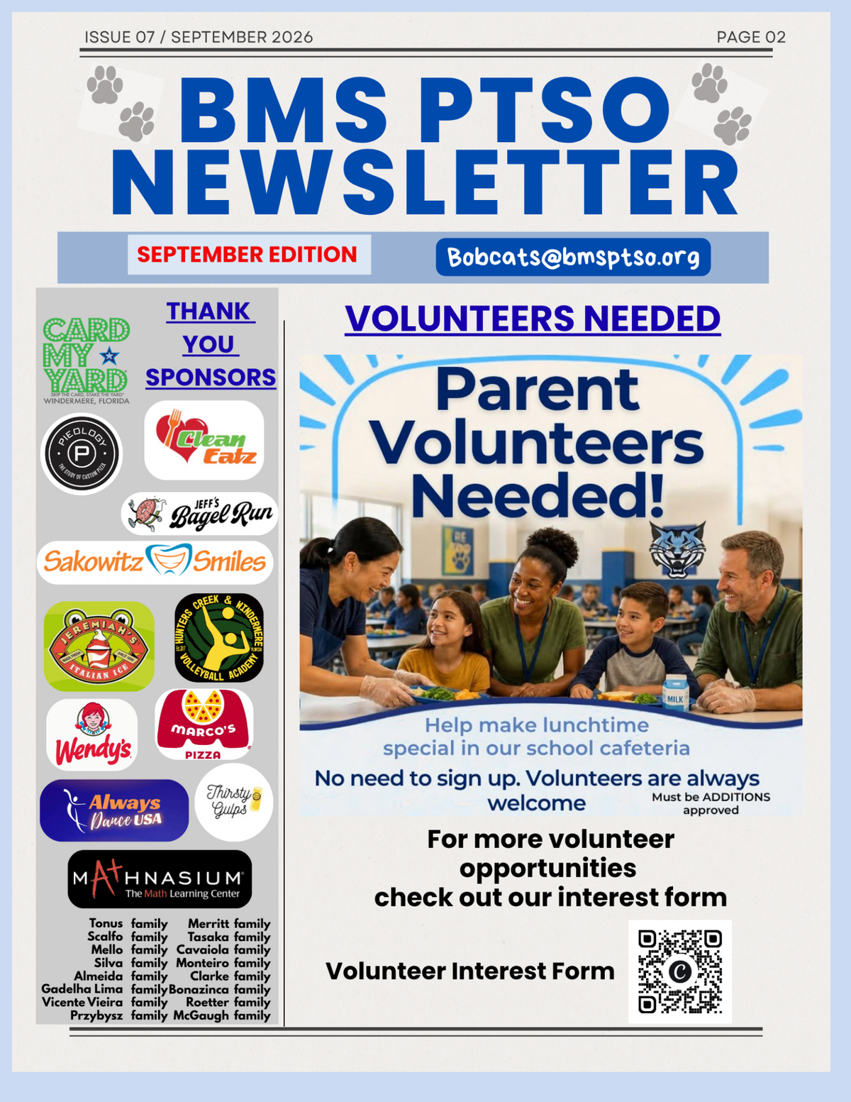 A BMS PTSO newsletter page for September 2026, featuring a call for parent volunteers in the school cafeteria alongside sponsor logos and a QR code.
