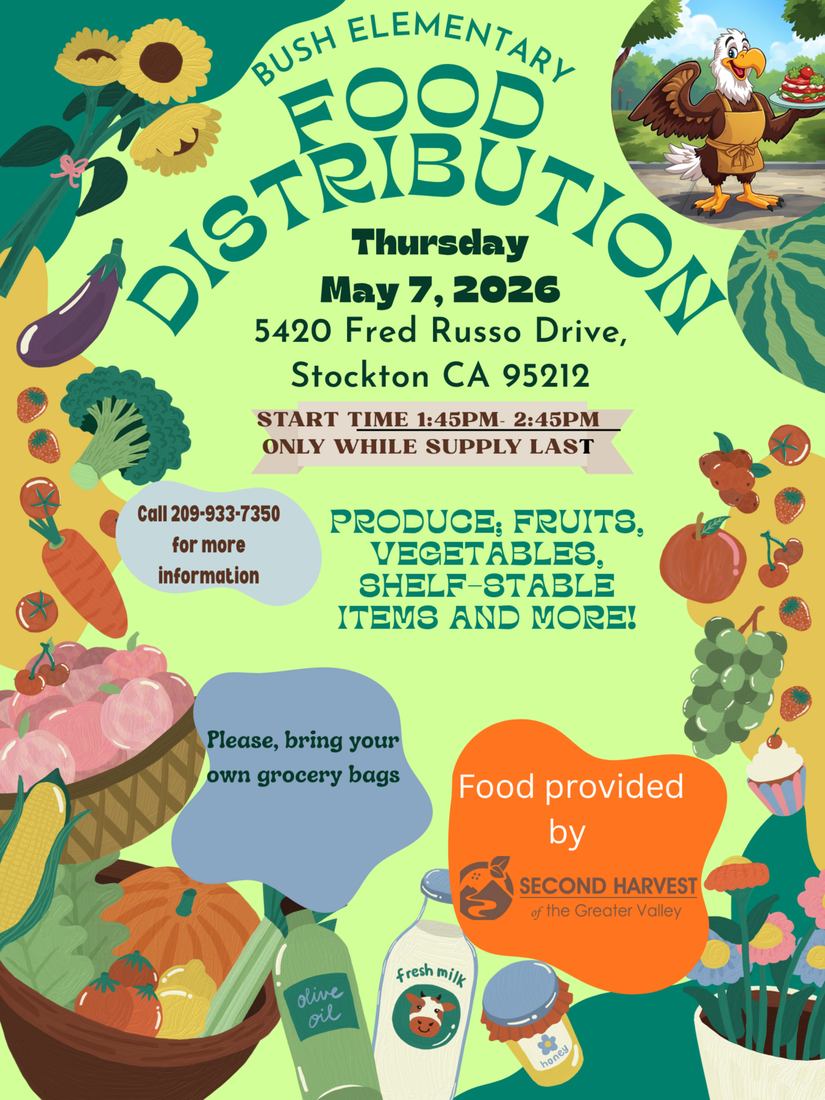 Poster announcing Bush Elementary Food Distribution on Thursday, May 7, 2026, from 1:45 PM to 2:45 PM at 5420 Fred Russo Drive, Stockton, CA.