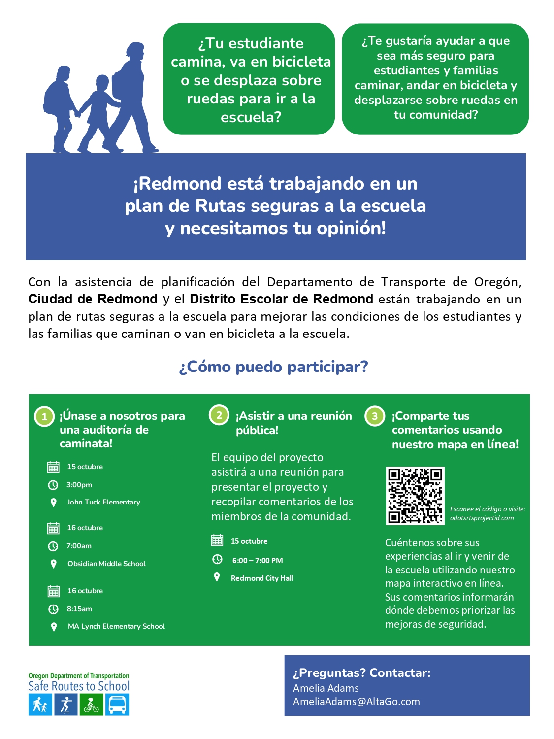 An informational flyer in Spanish about Redmond's Safe Routes to School plan, featuring questions, meeting details, and contact info.