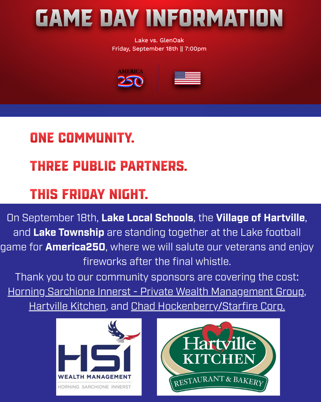 One community. Three public partners. This Friday night: Celebrate America250 at Blue Streak Stadium on 9/18/26