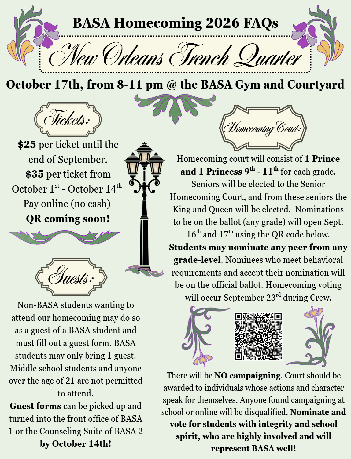 An informational flyer for the BASA Homecoming 2026, themed New Orleans French Quarter, detailing dates, ticket prices, and event policies.