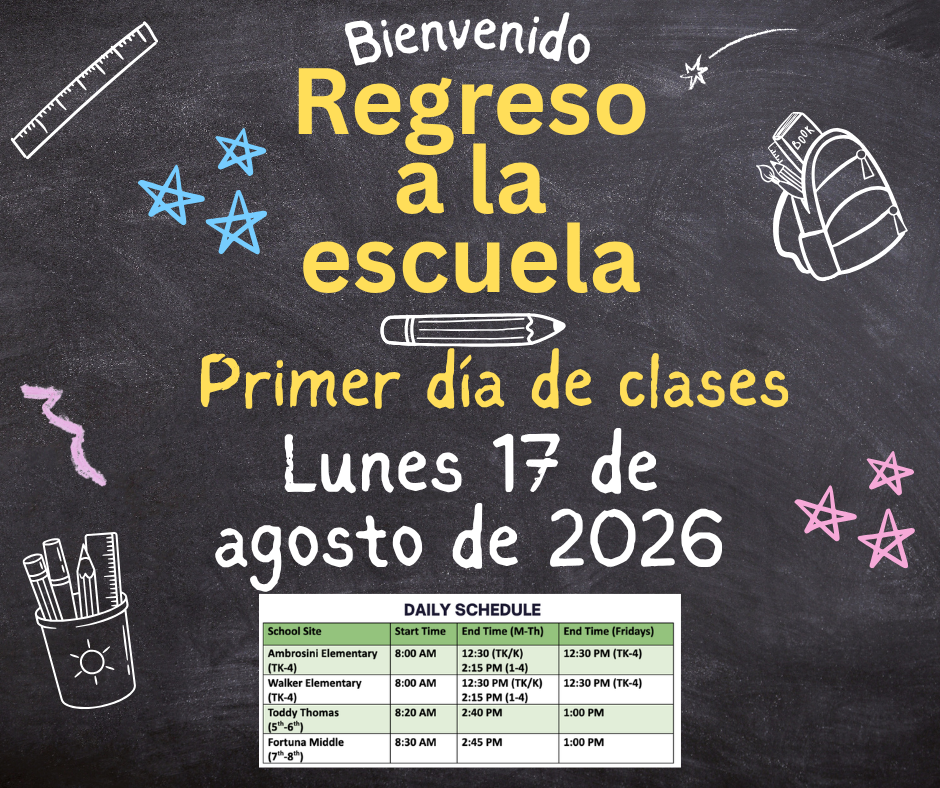 Chalkboard announcement in Spanish: 'Welcome Back to School' for the first day on Monday, August 17, 2026, with a daily schedule table.