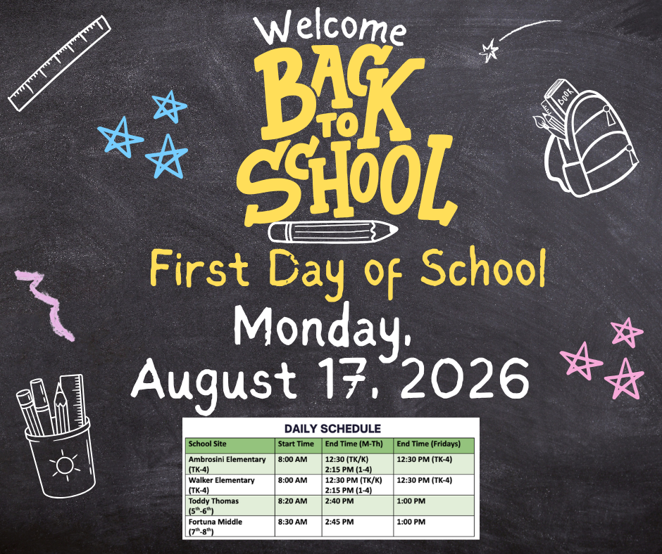 Chalkboard art announces 'Welcome Back to School' on Monday, August 17, 2026, with a daily schedule.