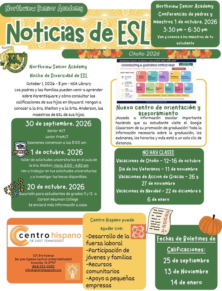 A digital flyer in Spanish titled 'Noticias de ESL' for Northview Senior Academy, detailing autumn 2026 events.