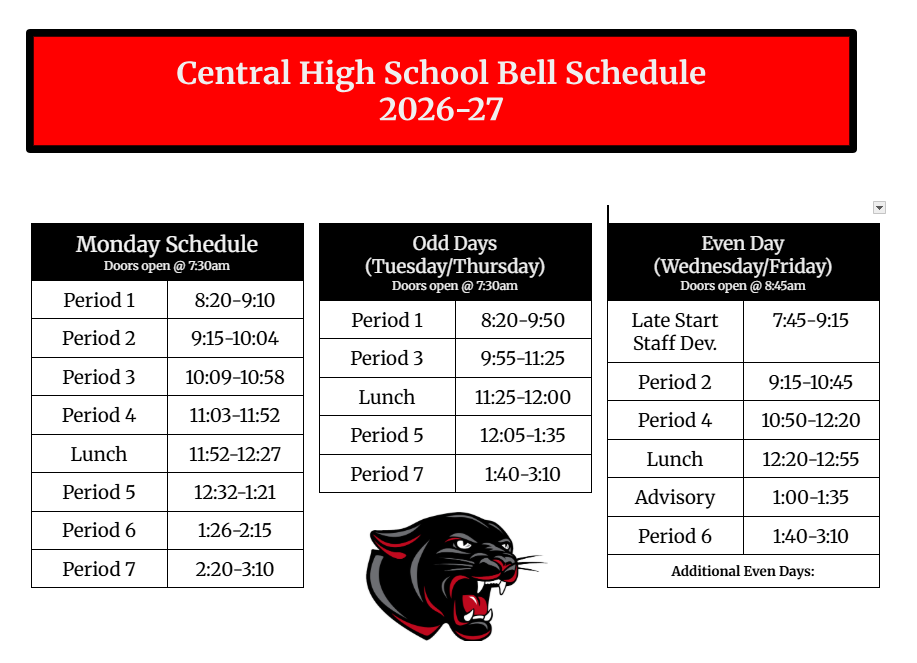 Bell Schedule for 2026-27