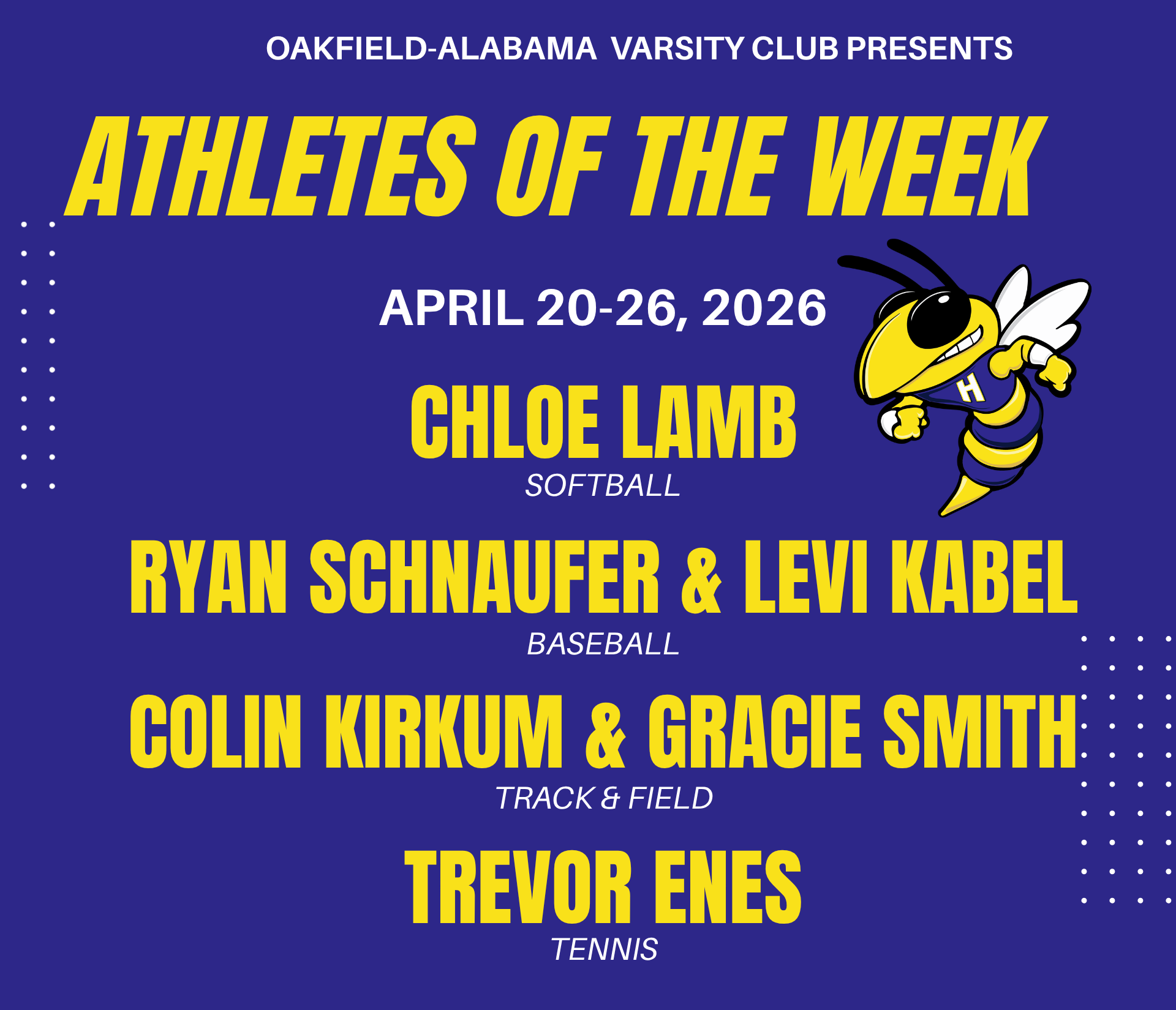 OA VARSITY CLUB - ATHLETES OF THE WEEK - APRIL 20-26, 2026