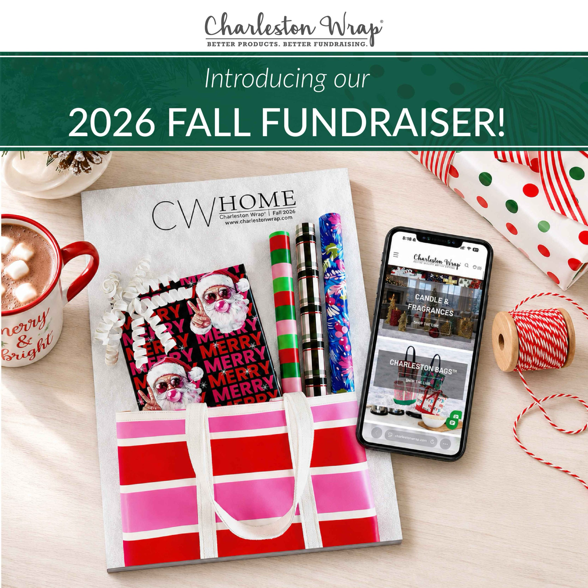 A promotional image for Charleston Wrap's 2026 fall fundraiser featuring a catalog, gift wrap, a mug of hot cocoa, and a smartphone displaying their website.