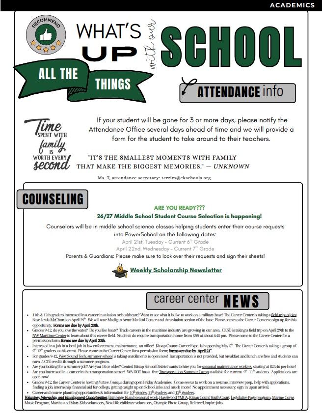 A newsletter titled 'What's Up With Our School' features sections on Academics, Attendance Info, Counseling, and Career Center News.