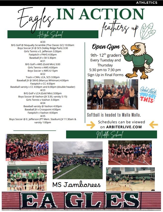 A graphic displays 'Eagles IN ACTION' with a schedule of high school sports events and an illustration of an eagle mascot.