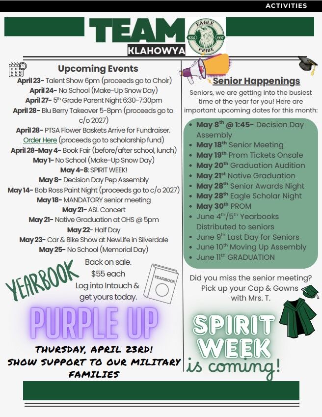 A school bulletin board displays upcoming events and senior happenings, including dates for a talent show, book fair, and graduation.