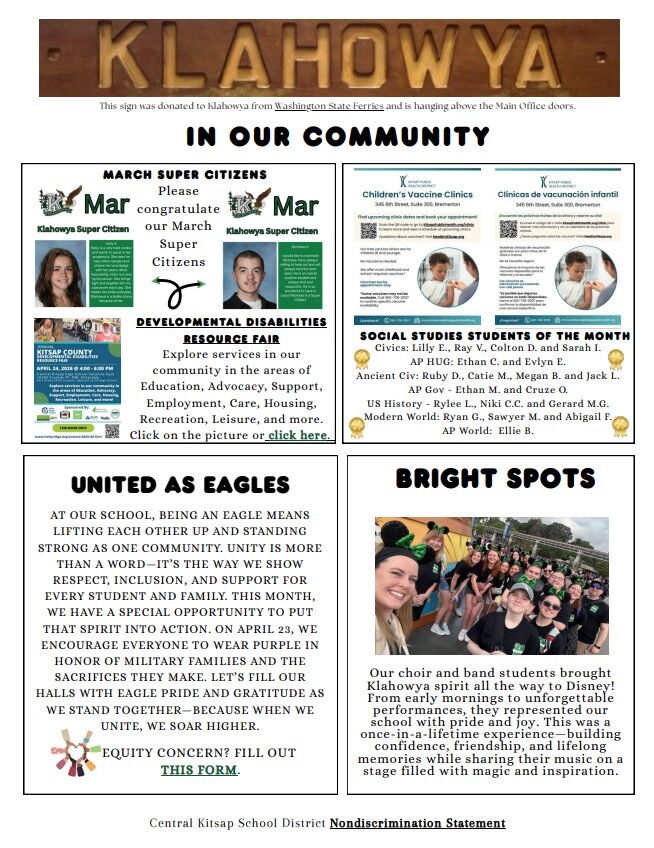 A newsletter titled 'In Our Community' features sections on Super Citizens, a Resource Fair, and student achievements.