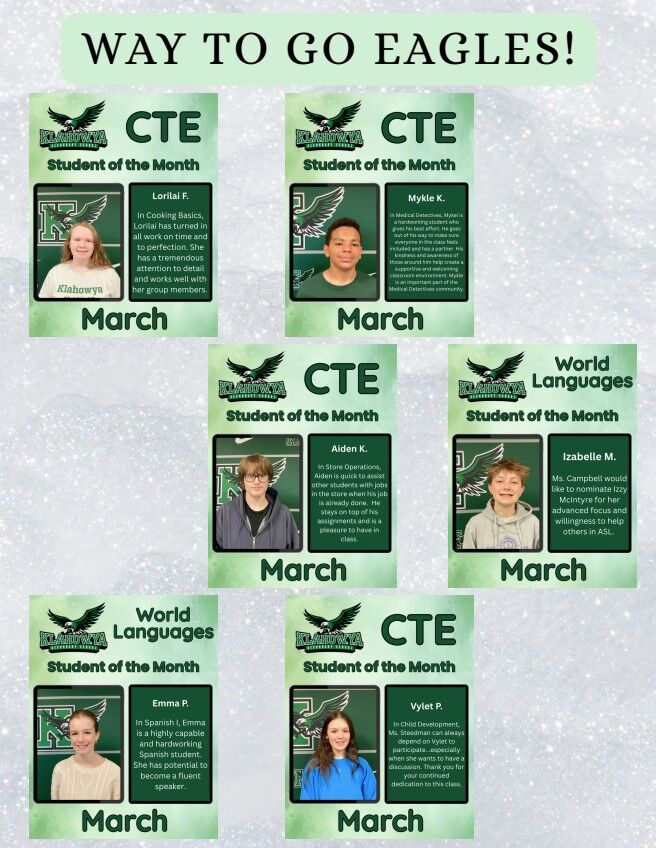 A collage celebrates "Way to Go Eagles!" with "Student of the Month" awards for March, featuring photos and descriptions of students in CTE and World Languages.