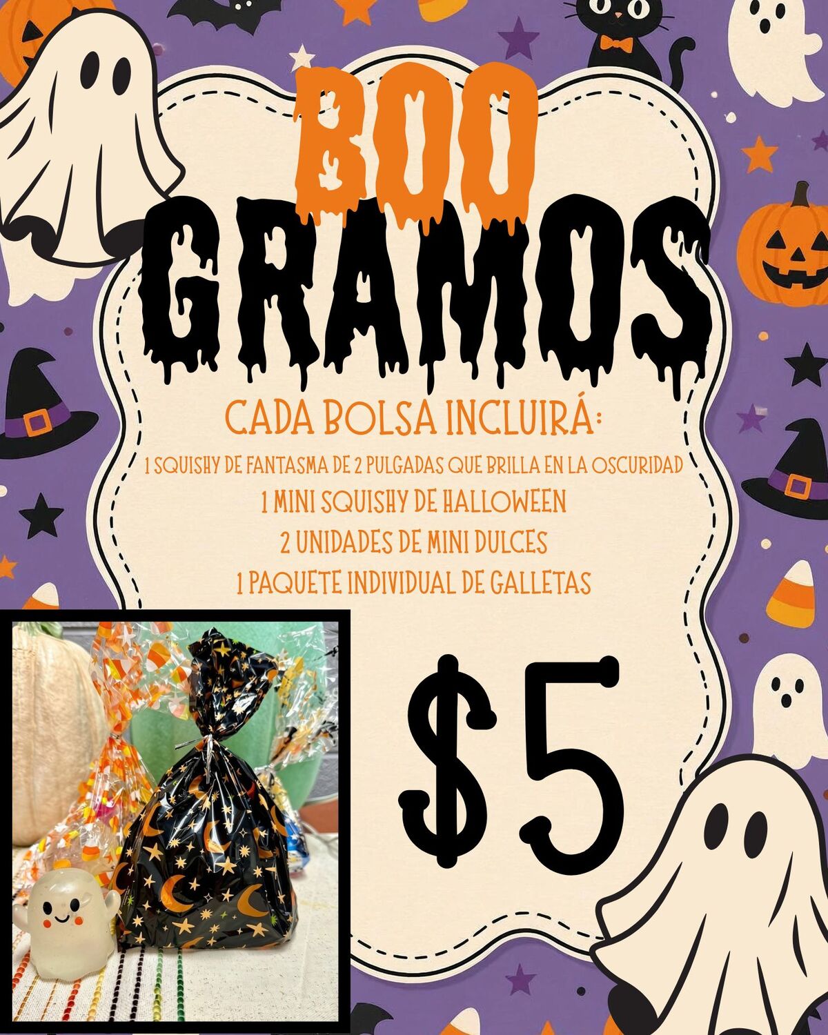A Halloween-themed flyer advertising BOO GRAMOS for $5, featuring ghosts, pumpkins, and witch hats against a purple background.