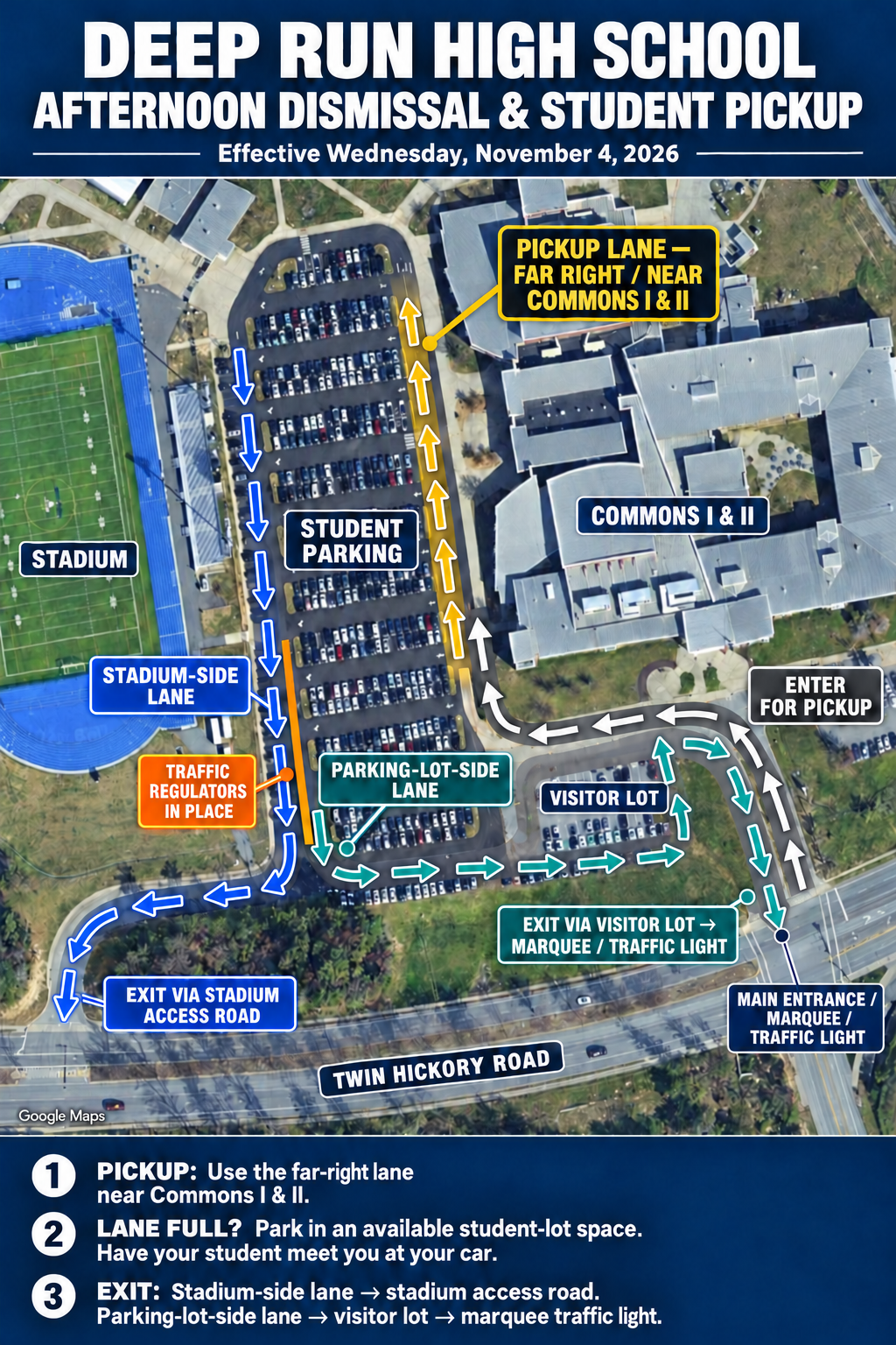 An aerial map of Deep Run High School outlines afternoon dismissal and student pickup routes effective November 4, 2026.