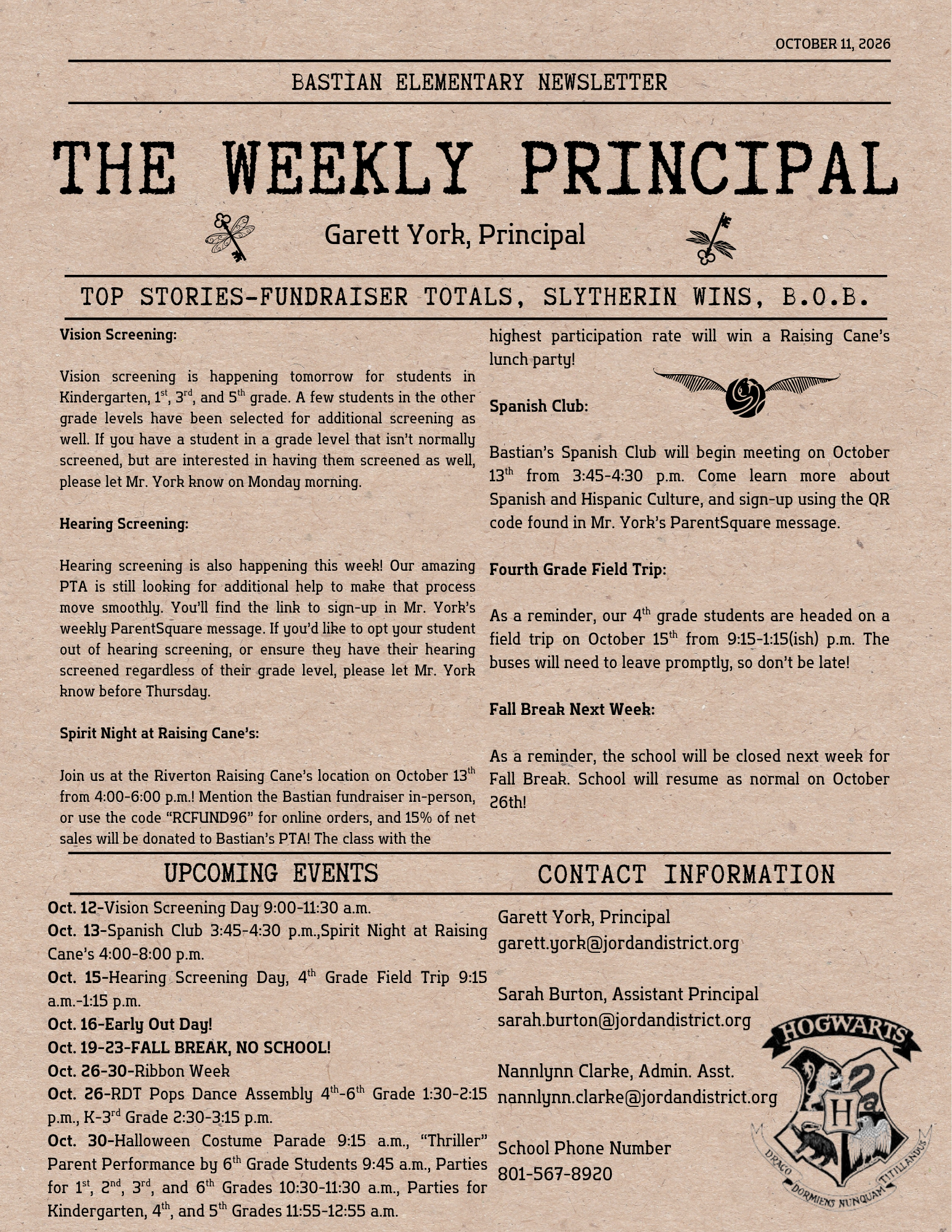 Family Newsletter October 11, 2026