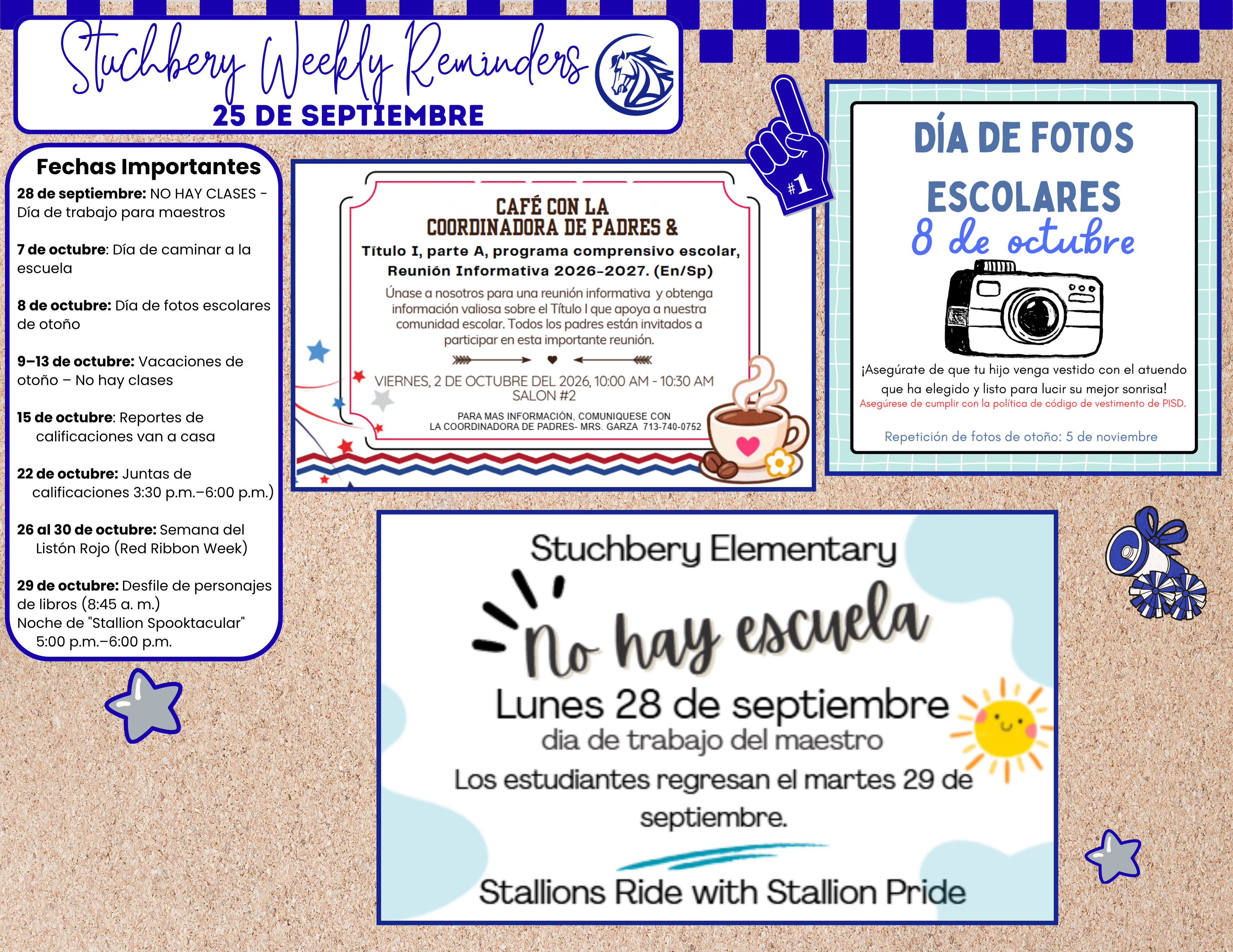 A digital newsletter board titled 'Stuchbery Weekly Reminders' featuring important dates for September and October in Spanish.