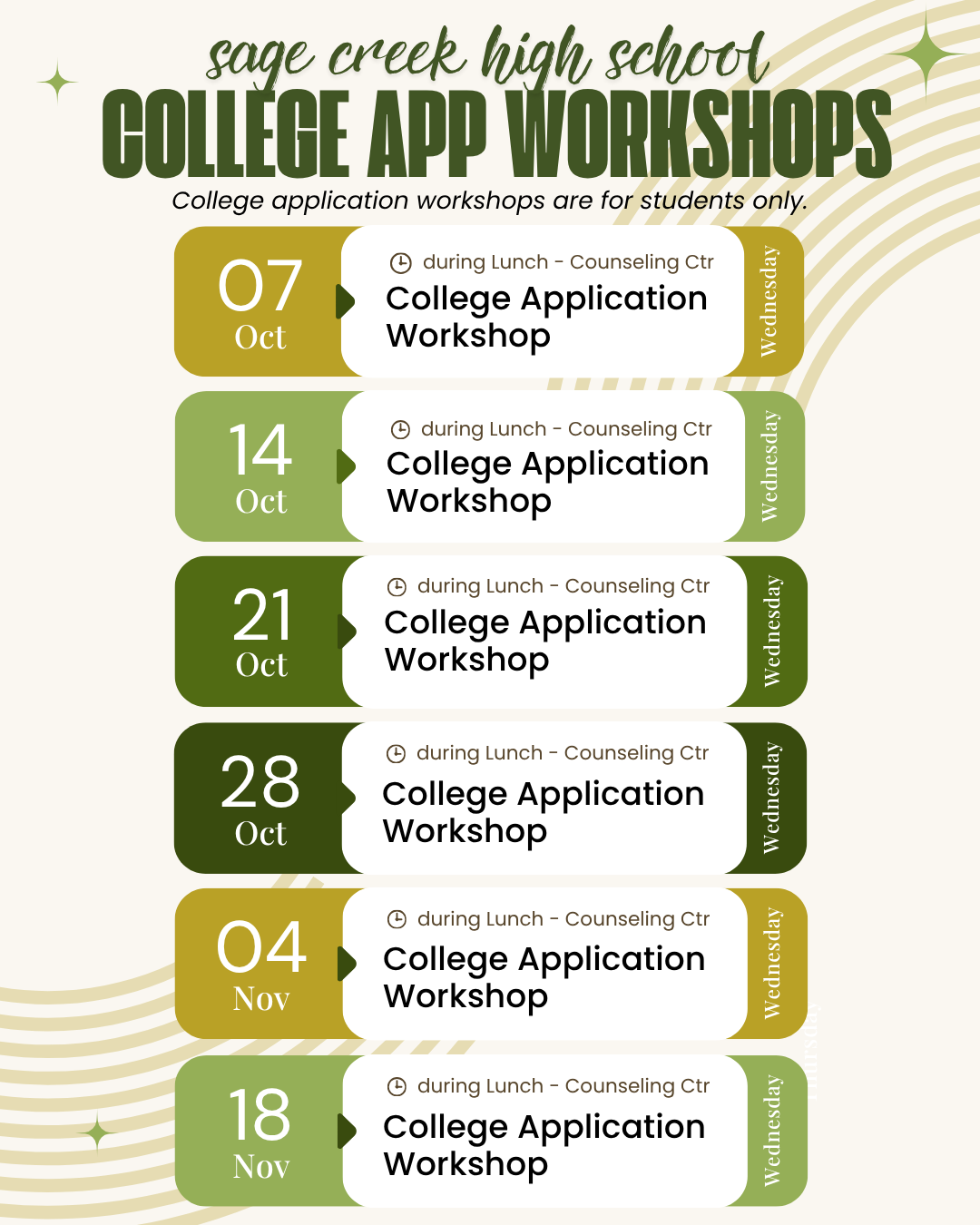 Seniors: Ready to start your college applications, but not sure where to begin? Come to our College Application Workshops for help!