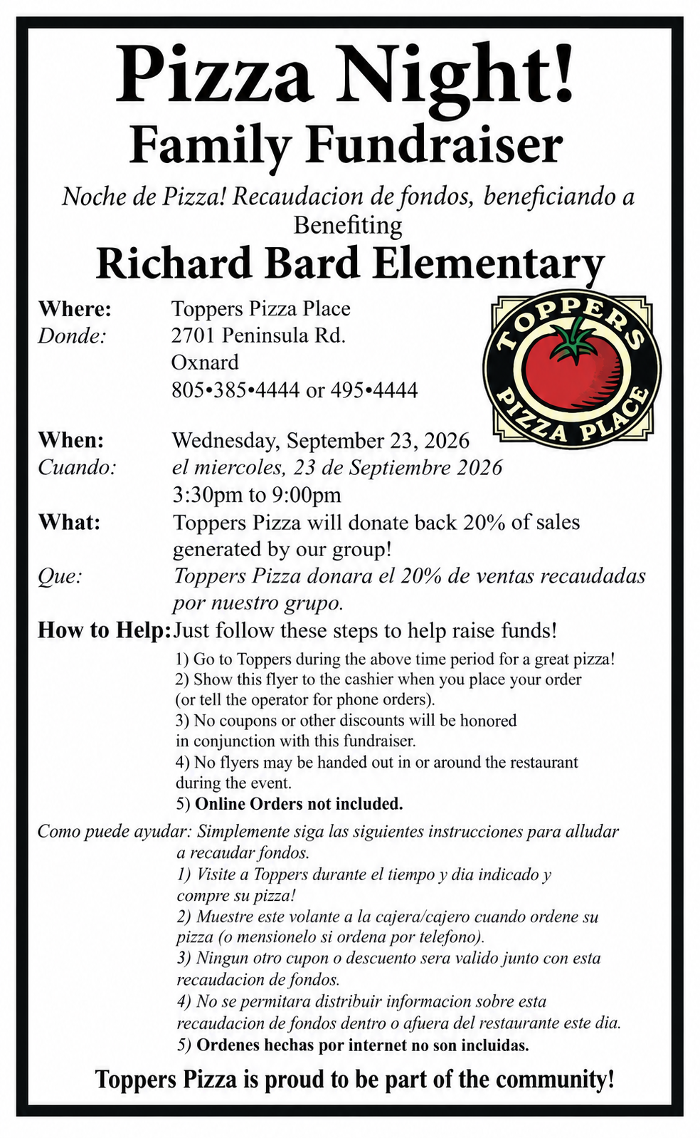 PTA  - Toppers Pizza Night - Wed. 9/23 