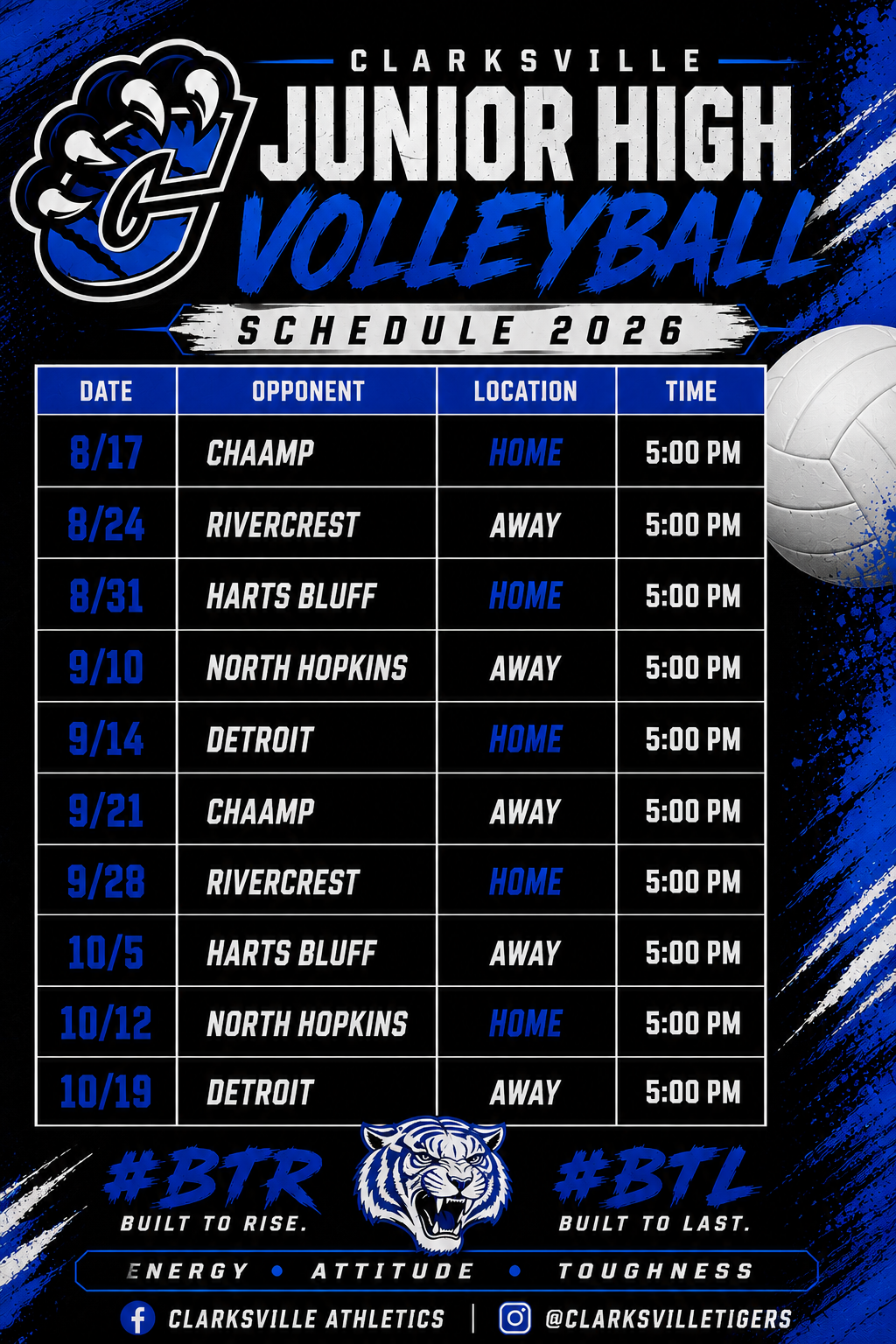 2026 Clarksville Middle High School Athletic Schedules